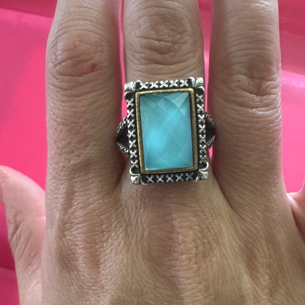 Turquoise Rectangle Statement Ring - Silver Tone - image 1